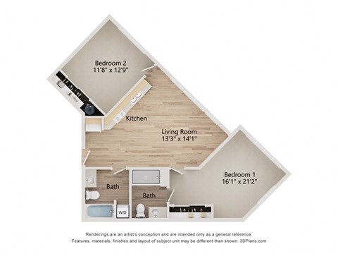 Floor plan for 2 beds, 2 baths, 923 sqft